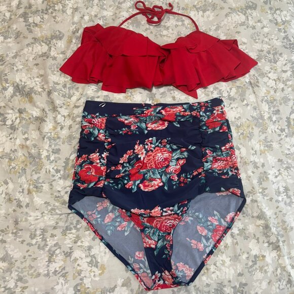 2pc Cocoship Red Ruffle Bikini Top & High-Waisted Floral Swim Bottoms Set 3X 16 - Picture 1 of 5